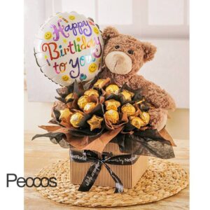 Regalo para cumpleaños con peluche y chocolates