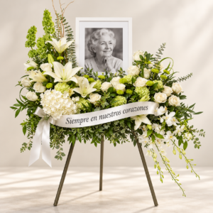 Arreglo floral fúnebre elegante sobre pedestal decorado con flores blancas, cinta con mensaje de condolencias y espacio para retrato en homenaje póstumo.