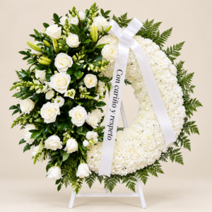 Corona funeraria blanca con orquídeas y rosas en pedestal para condolencias en Quito