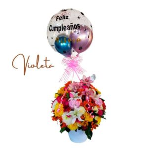 Arreglo flores y globo Violeta