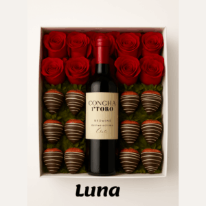 Luna caja de rosas fresas con chocolate y vino