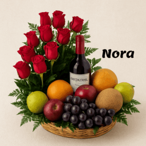 Nora (arreglo rosas rojas, vino, frutas en canasta)