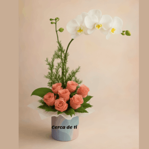 Cerca de ti arreglo de orquídeas + rosas