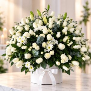 Arreglo floral redondo de condolencias en caja con rosas y flores blancas para entrega a domicilio en Quito