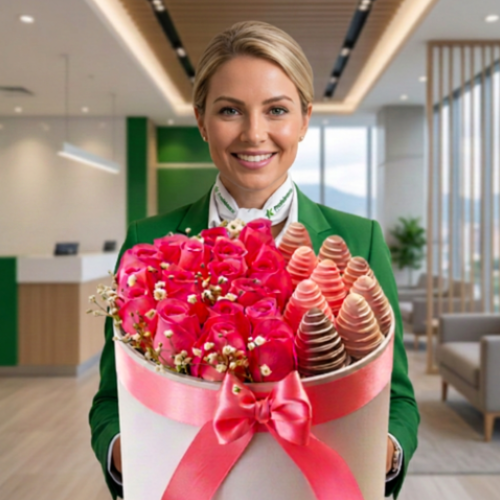 Arreglo floral elegante de cumpleaños en caja redonda con rosas rojas premium y fresas cubiertas de chocolate en Quito.