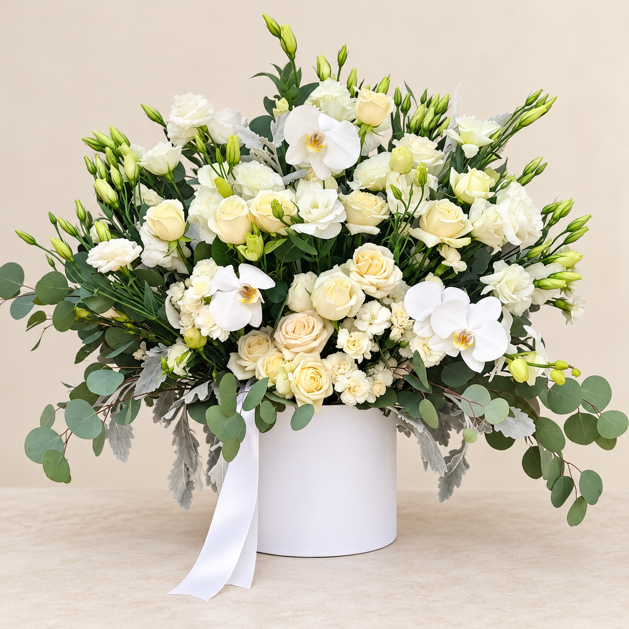 Arreglo floral fúnebre con rosas y orquídeas blancas para condolencias en Quito